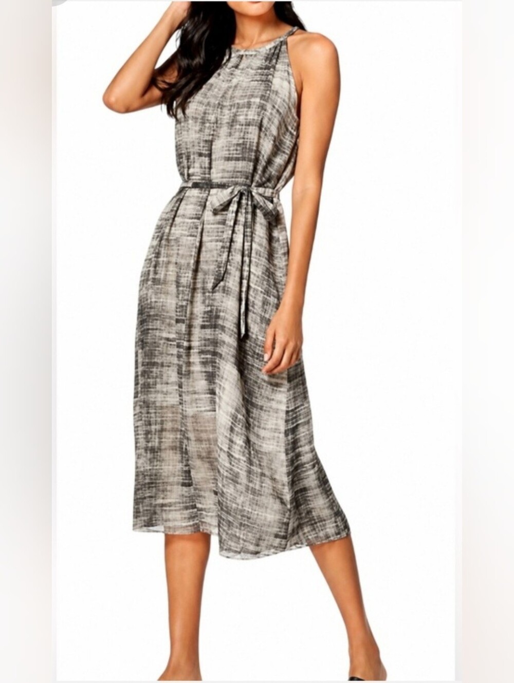 Eileen Fisher 100% Silk Halter Midi Dress Gray Print Belted Size L NWOT